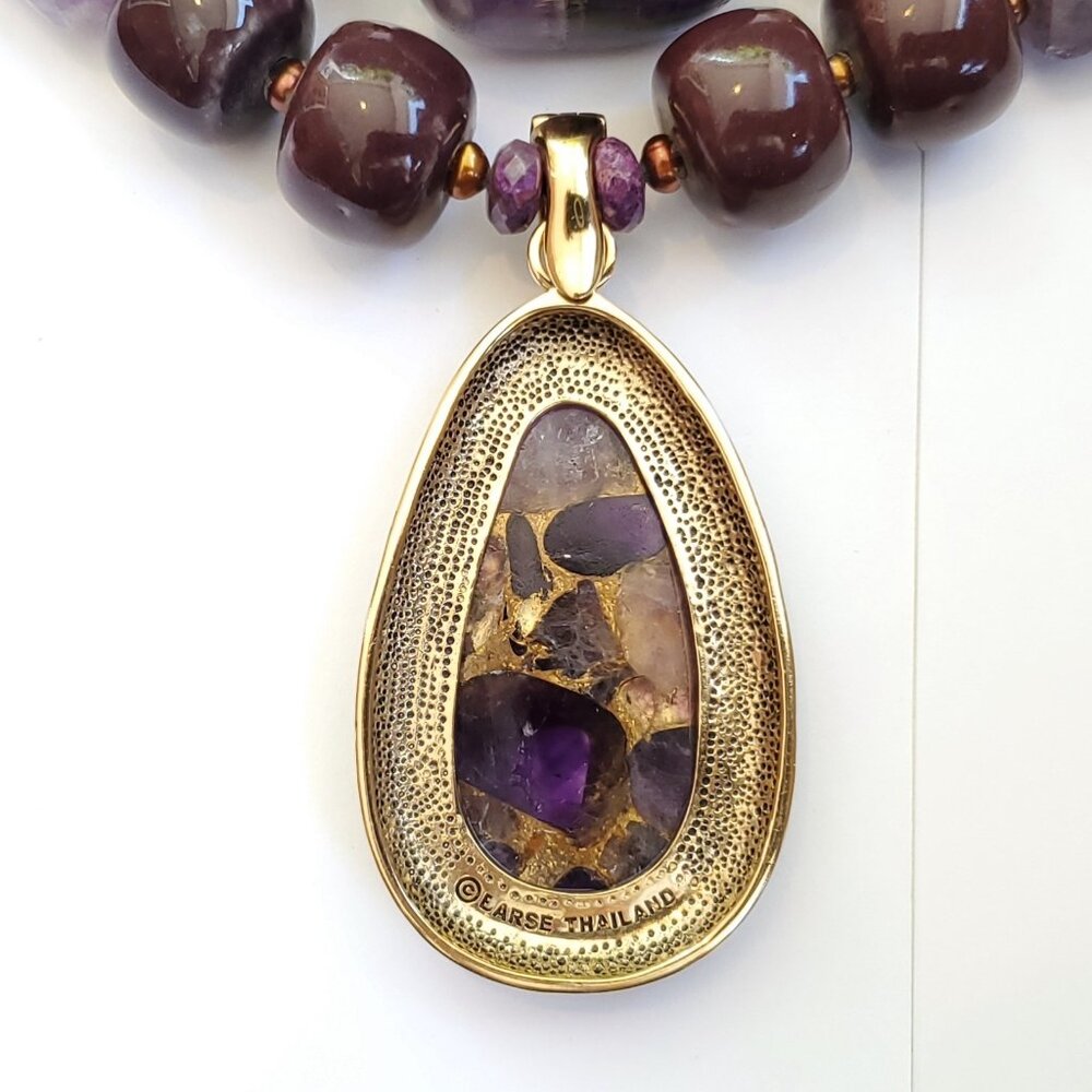 Barse Beaded Pendant Necklace Chunky Layered Purple Stone Gold Tone Statement - Picture 5 of 6